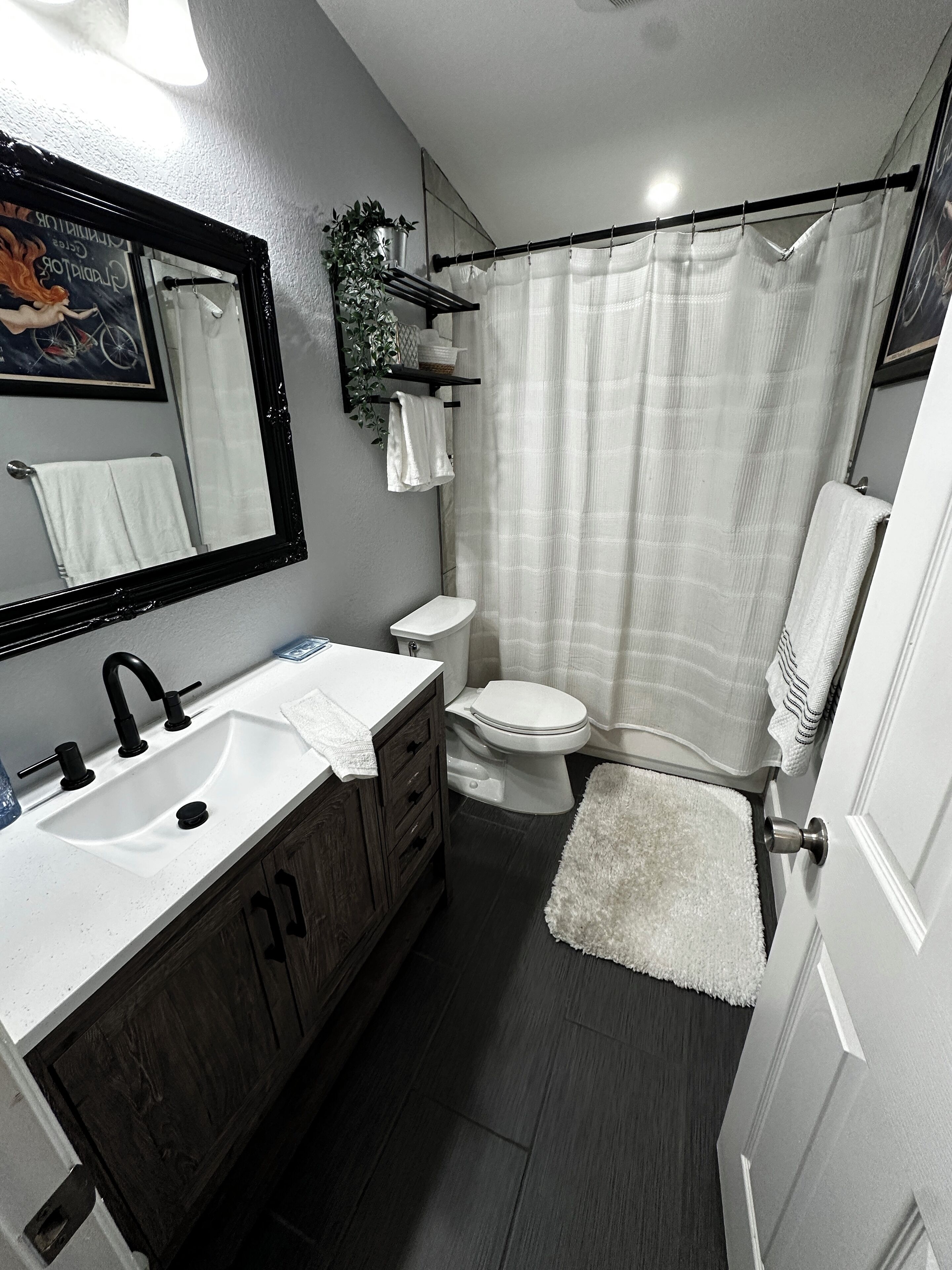 Hair dryer, towels, soap, toilet paper