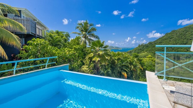 Une piscine d’un bleu éclatant, offrant une vue sur une végétation luxuriante et des collines lointaines.