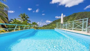 Una piscina azul cristalina con barandilla metálica, rodeada de exuberante vegetación y palmeras.