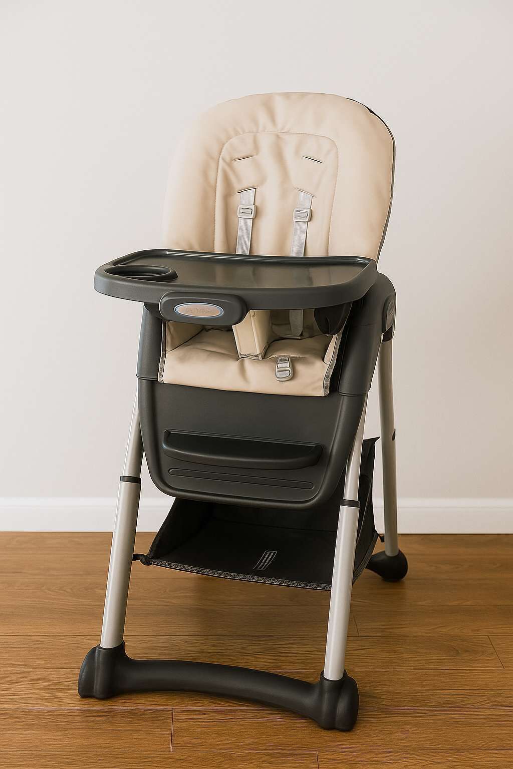 Une chaise haute dotée d’un plateau et d’un siège rembourré.