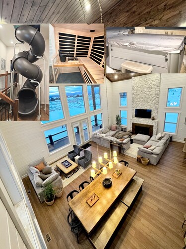 6-bedroom cabin-lake access .5 mile-hot tub-sauna-6' spiral slide-Modern Comfort