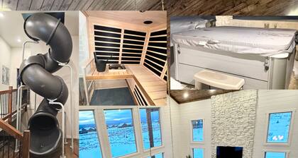 6-bedroom cabin-lake access .5 mile-hot tub-sauna-6' spiral slide-Modern Comfort