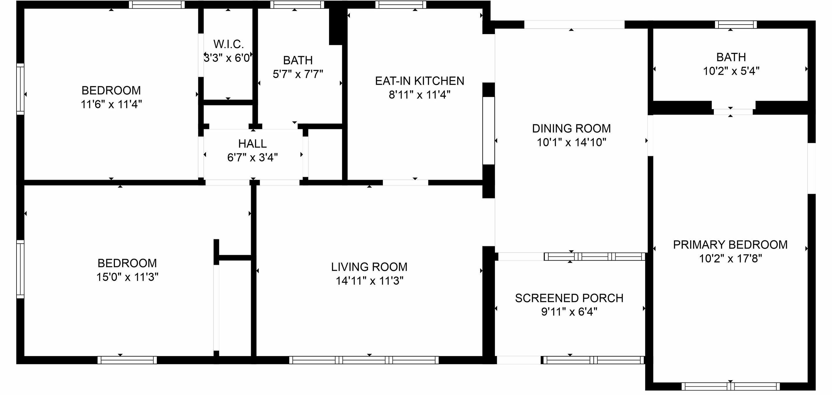 A floor plan with two bedrooms, a living room, a dining room, a kitchen, a bathroom, a screened porch, and a hall.