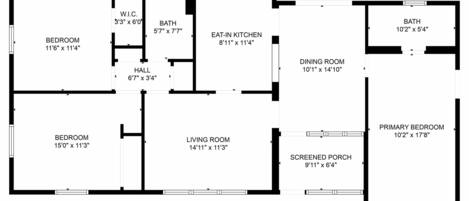 A floor plan with two bedrooms, a living room, a dining room, a kitchen, a bathroom, a screened porch, and a hall.