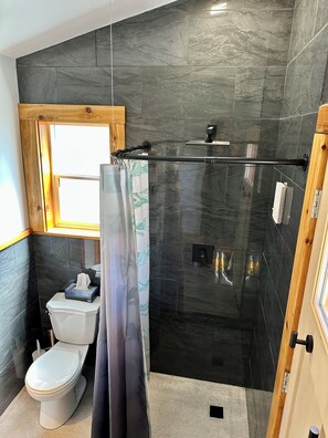 Regadera, secadora de cabello, toallas, jabón 