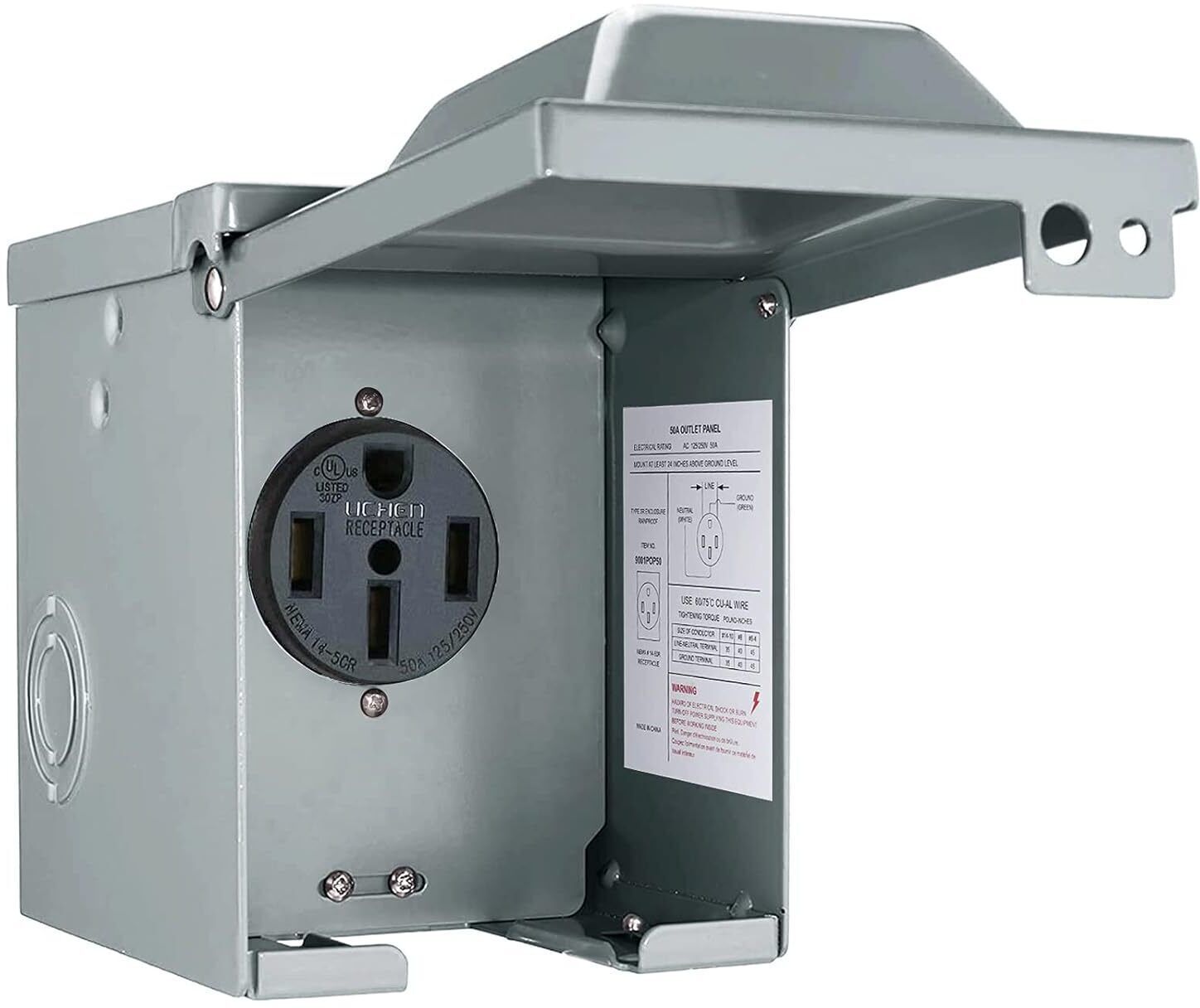 Caja para enchufes eléctricos con etiqueta que detalla especificaciones eléctricas y advertencias de seguridad.