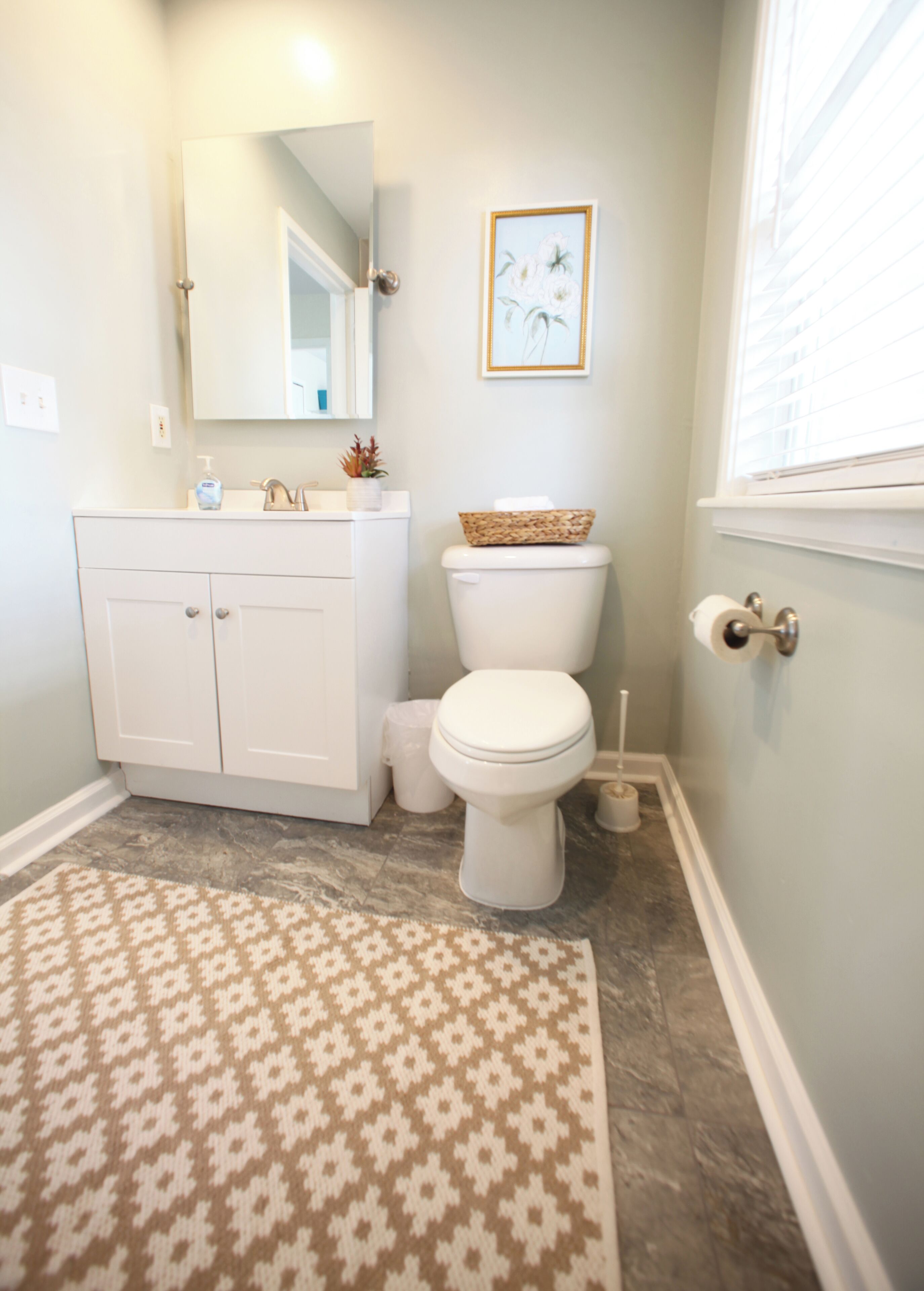A bathroom with a white vanity, a toilet, a rug, and a framed picture on the wall.