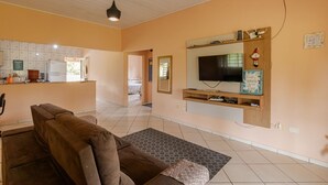 Un salon avec un canapé marron, un téléviseur fixé au mur et un coin cuisine à l’arrière-plan.