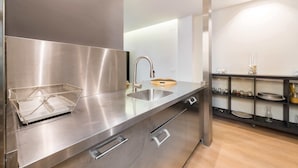 Een moderne keuken met roestvrijstalen apparatuur, een spoelbak en een draadmandje op het aanrecht.