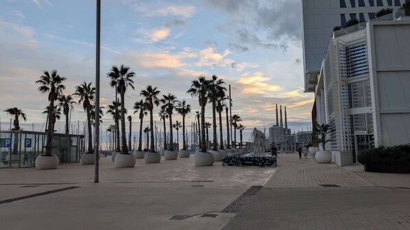 A waterfront promenade with palm trees, a paved walkway, and modern buildings. - Badalona Marina 2BR apt With Pool Near the Beach (Badalona)