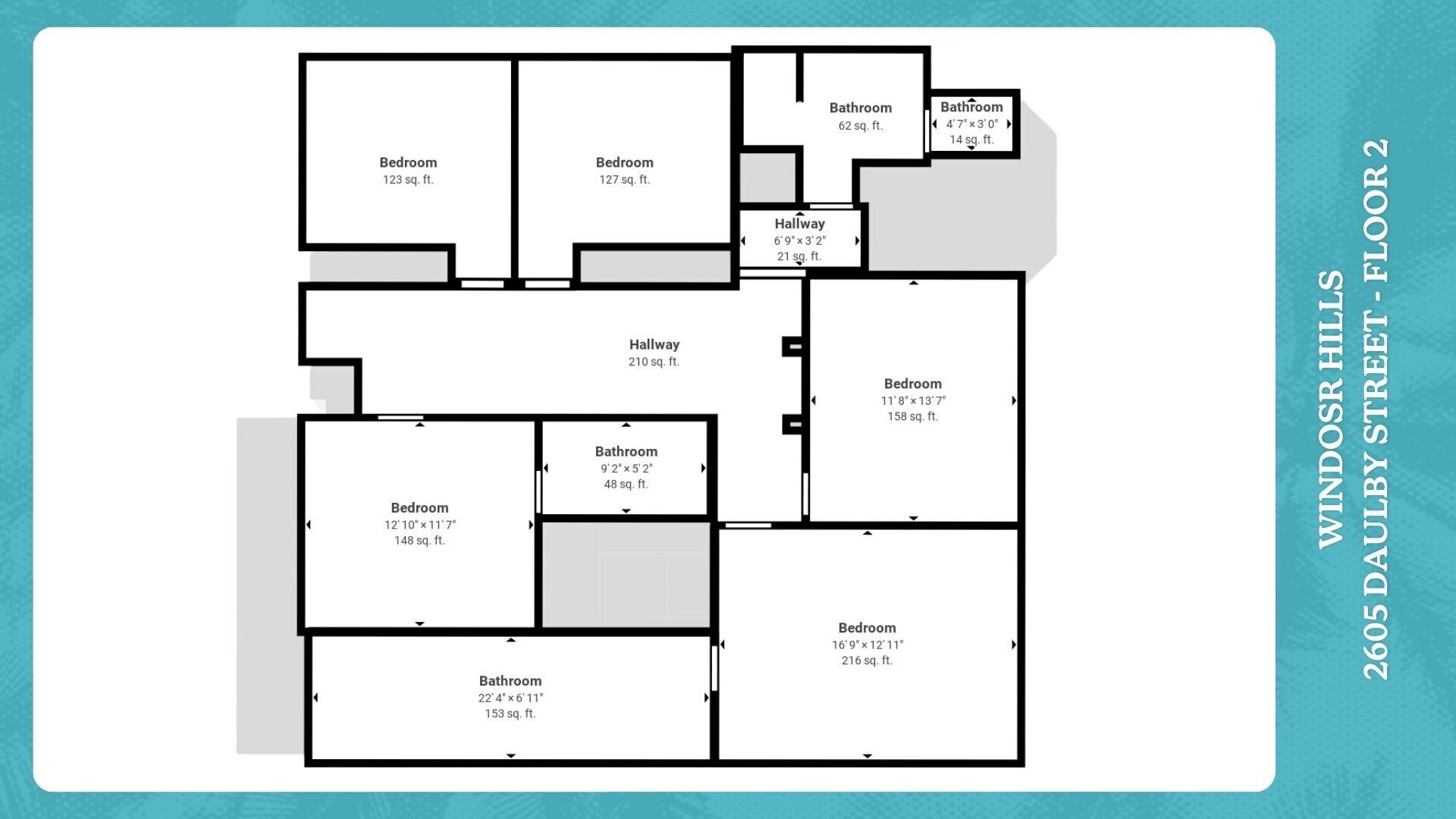 A floor plan with multiple bedrooms and bathrooms, including dimensions and square footage.