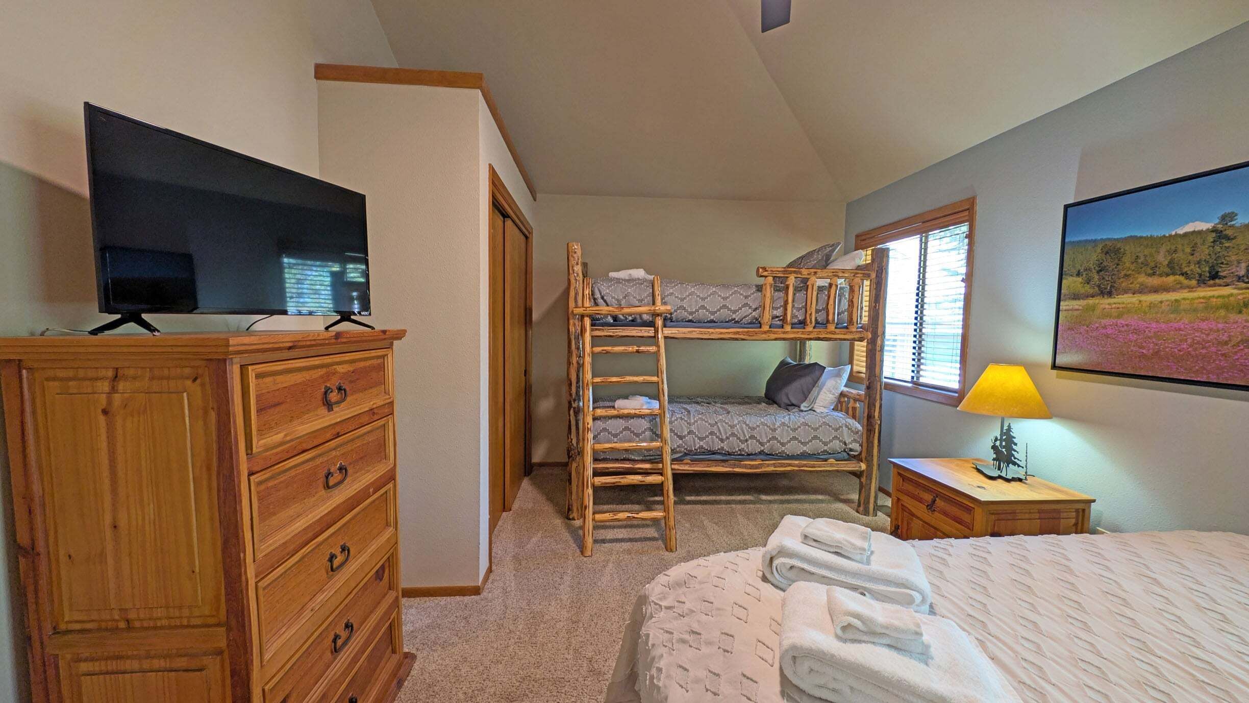A bedroom with a TV, wooden dresser, bunk beds, a ladder, a bedside table with a lamp, and a painting on the wall.