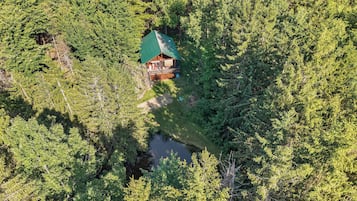 Eine Vogelperspektive zeigt eine Hütte, umgeben von dichtem Wald, mit einem kleinen Teich in der Nähe.
