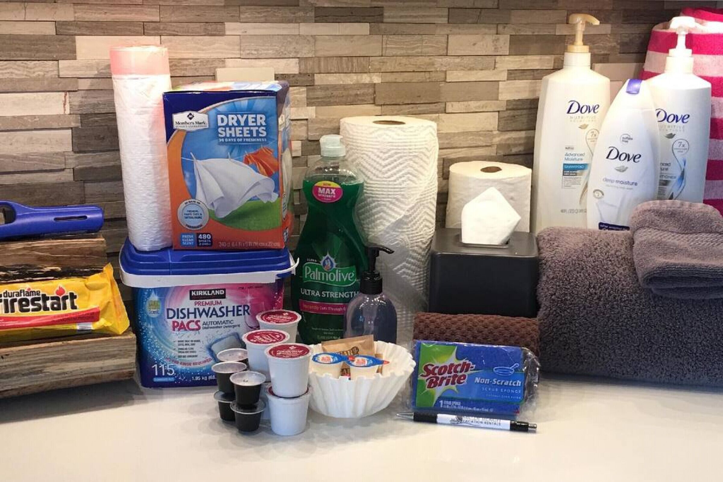 A variety of household cleaning supplies and toiletries.