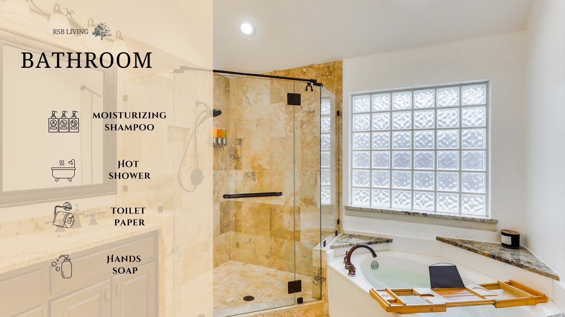 A bathroom with a glass-enclosed shower, a large window, and a vanity with a sink and mirror.
