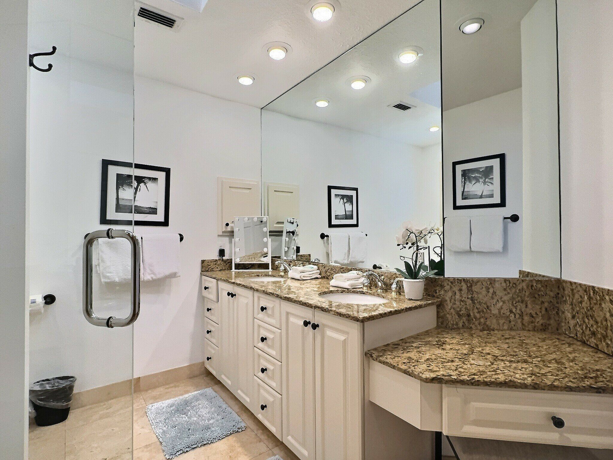 A bathroom with a vanity, sink, mirror, towel rack, and a small potted plant.