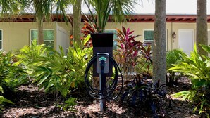 Eine Ladestation für Elektrofahrzeuge in einer begrünten Umgebung mit Palmen und verschiedenen Pflanzen.