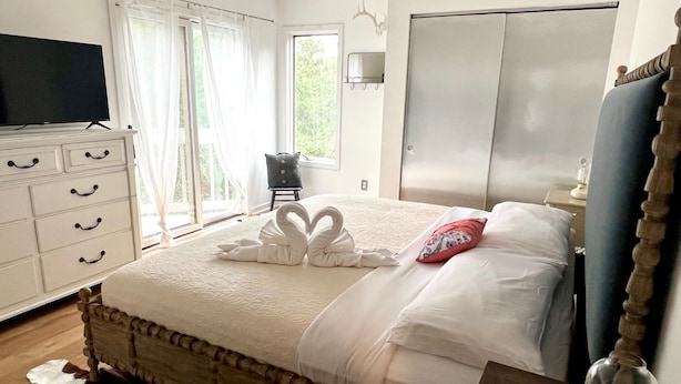 Un dormitorio con cama, cómoda, televisor y armario.