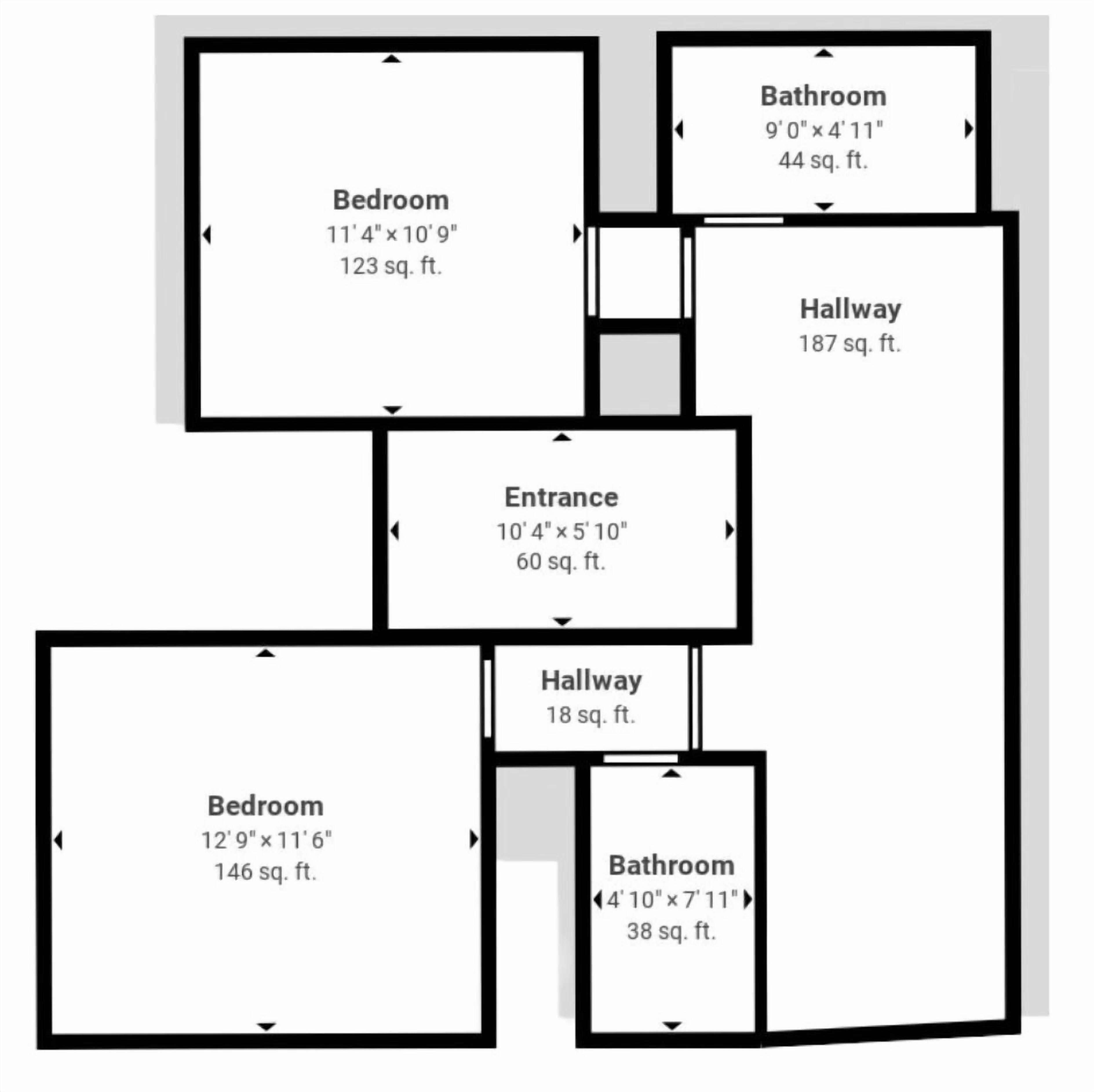 A floor plan with two bedrooms, two bathrooms, an entrance, and two hallways.