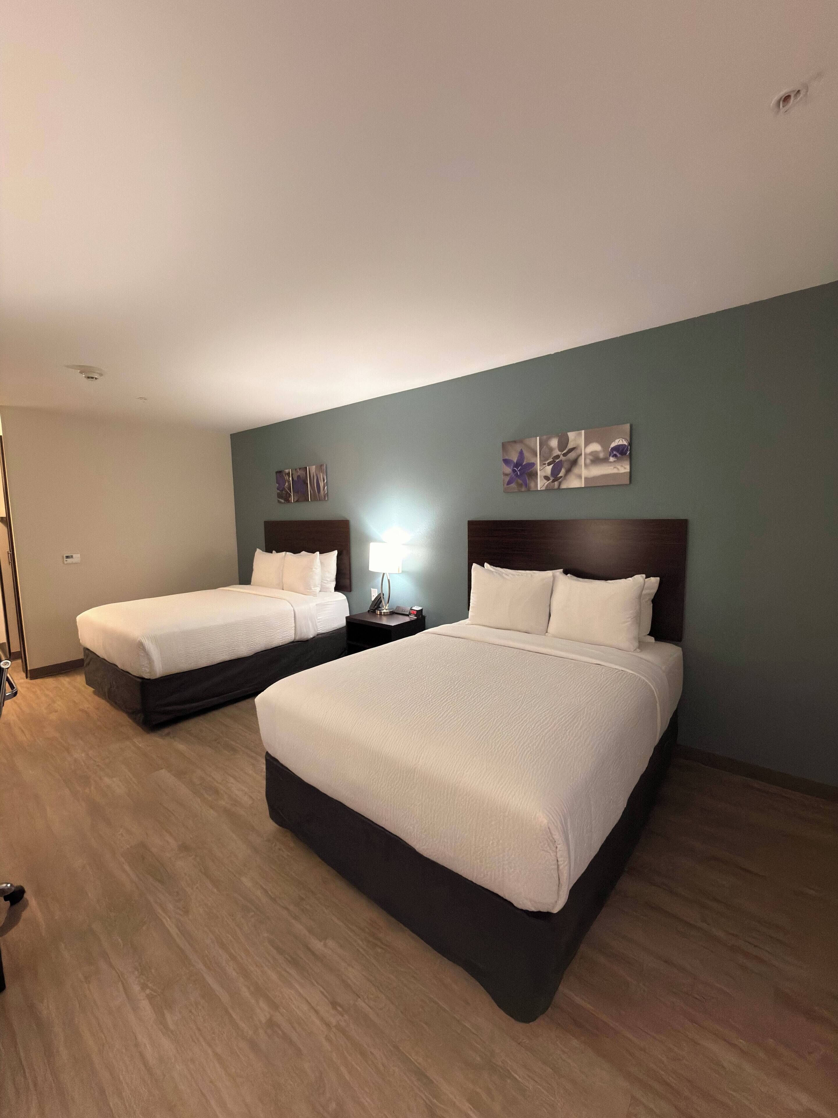 Una habitación de hotel con dos camas, una mesita de noche y una obra de arte en la pared.