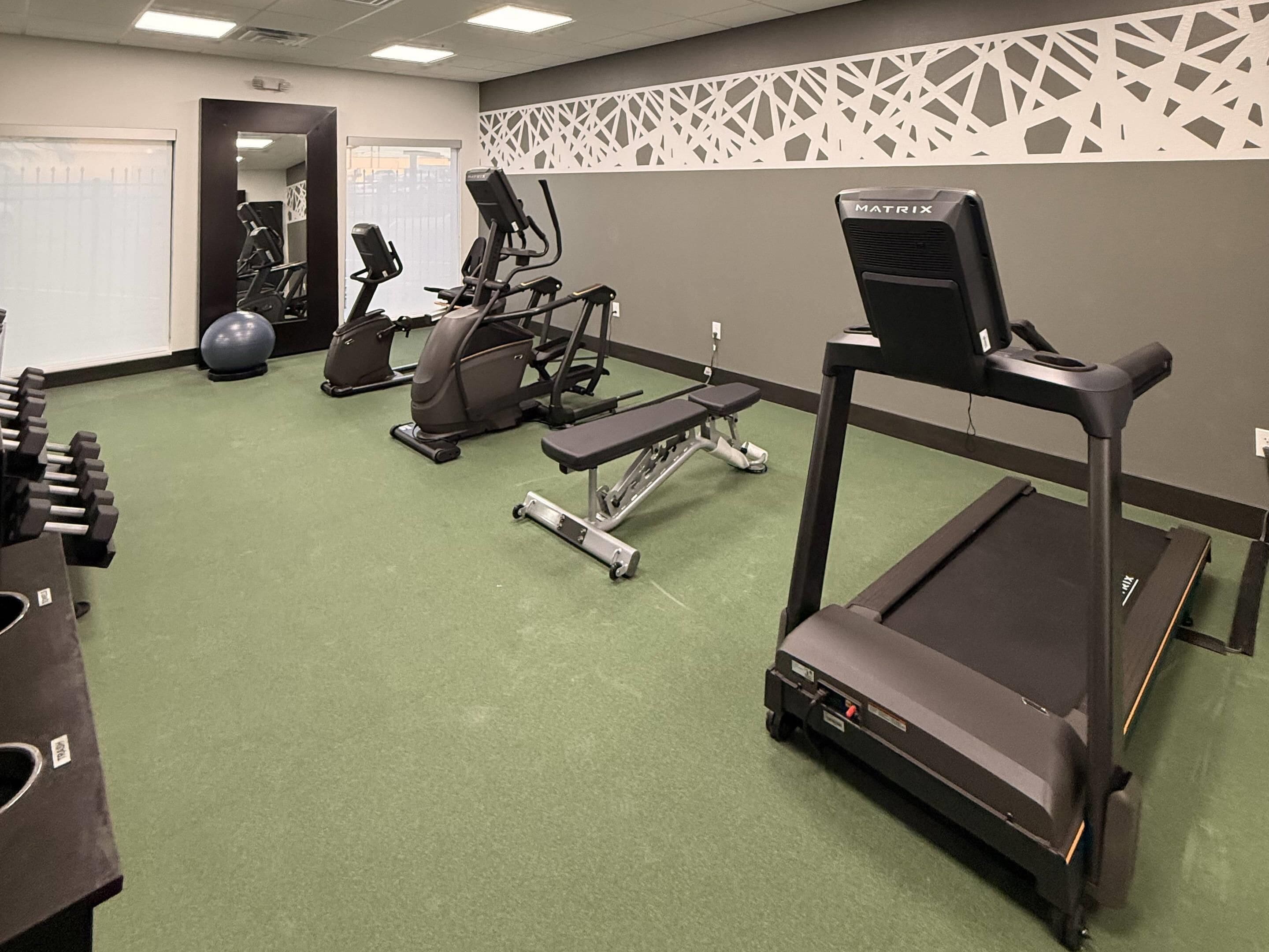 A gym with treadmills, elliptical machines, and free weights.