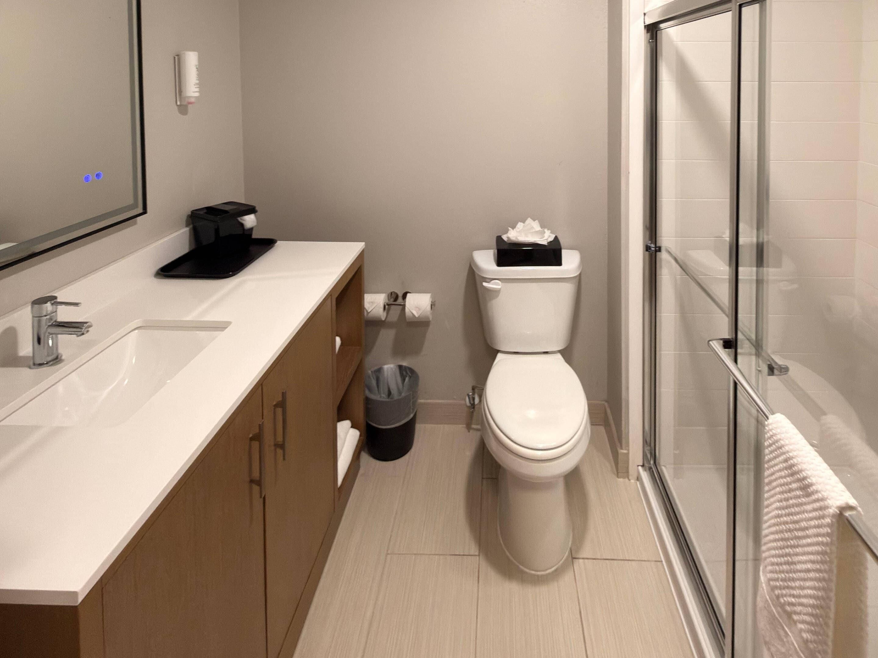 A modern bathroom with a white sink, a toilet, and a glass shower enclosure.