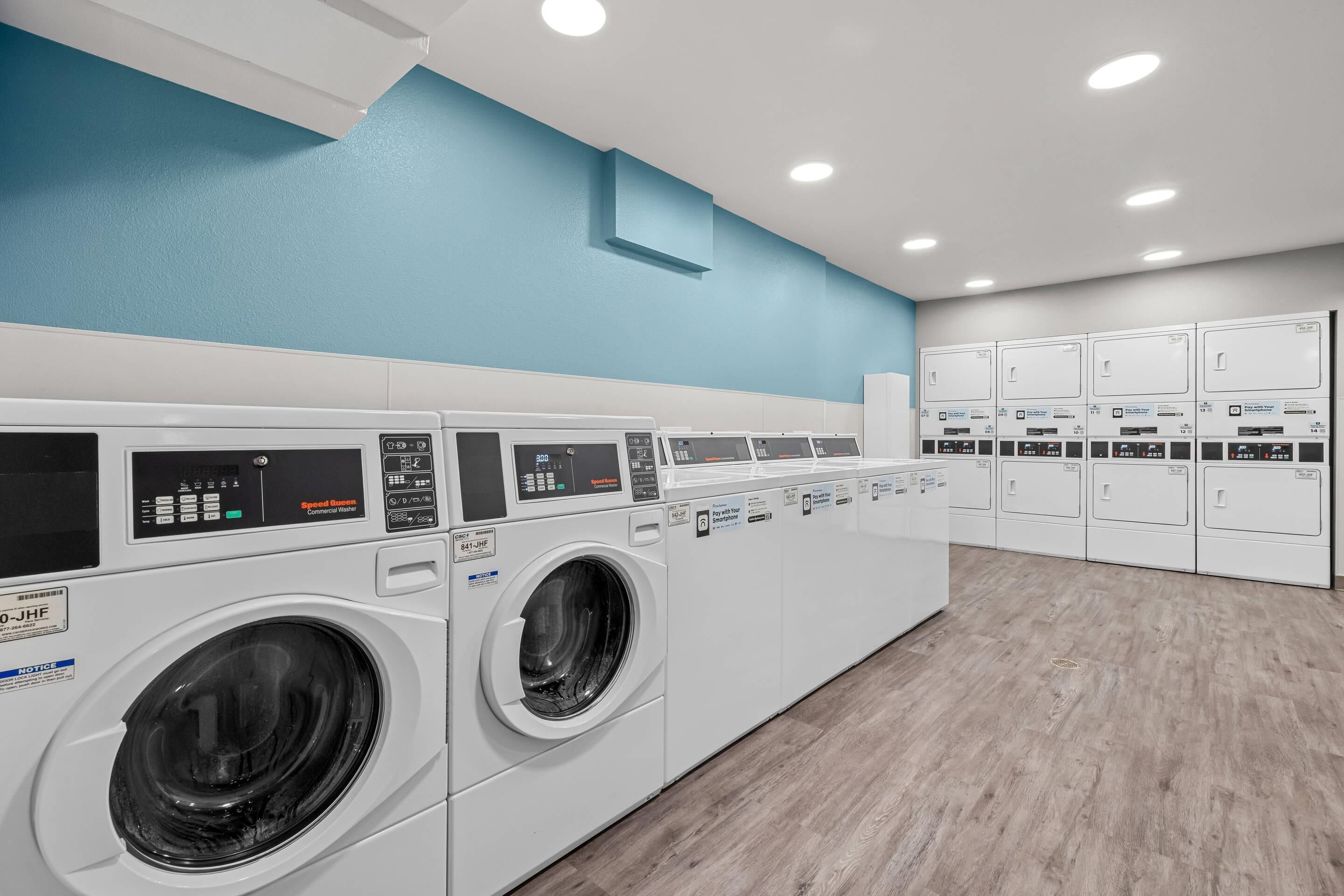 Un cuarto de lavandería con varias lavadoras y secadoras, suelo de madera y una pared azul decorativa.
