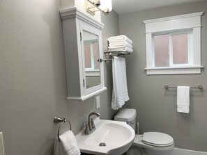 Hair dryer, towels, soap, toilet paper