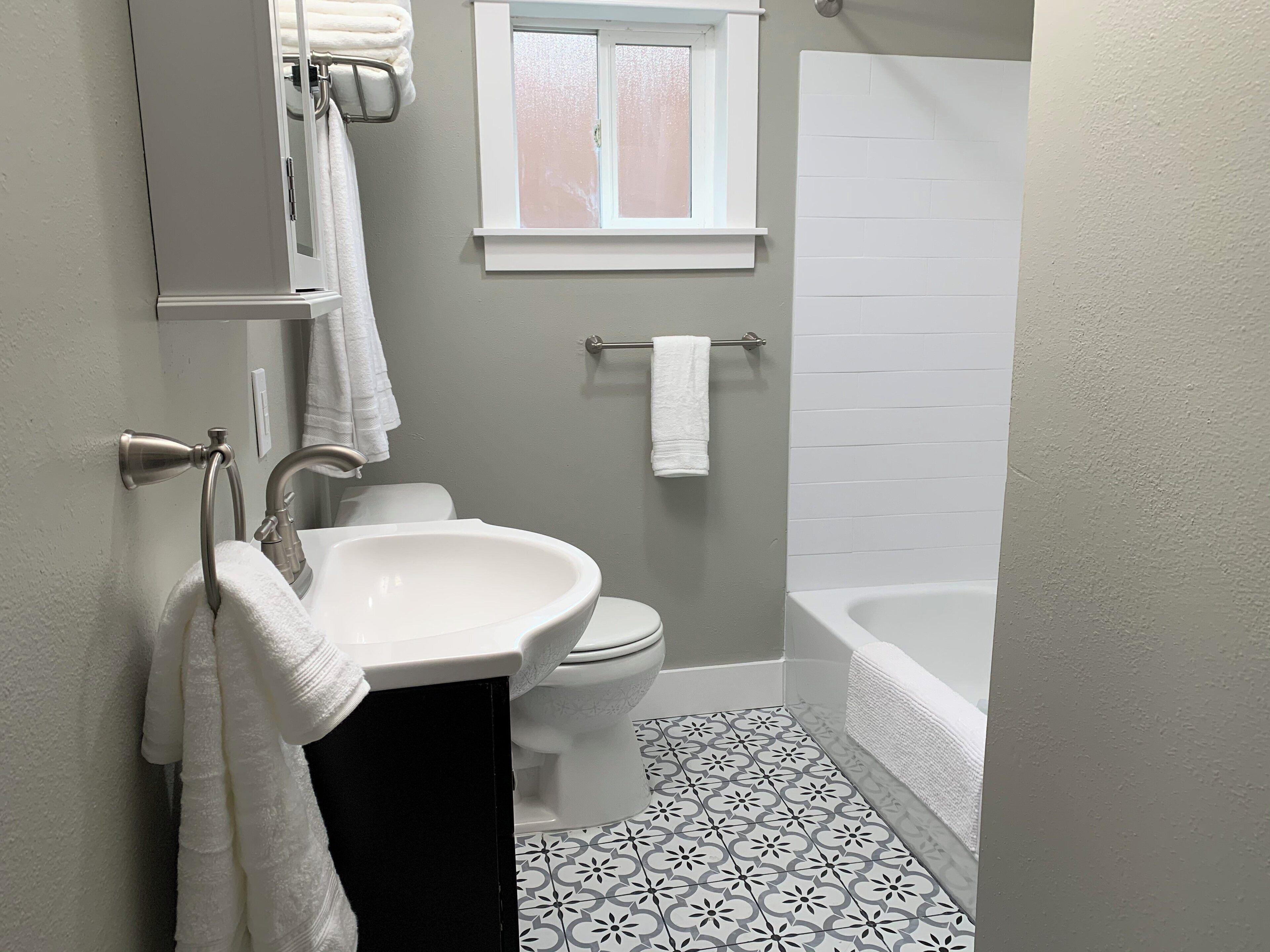Hair dryer, towels, soap, toilet paper