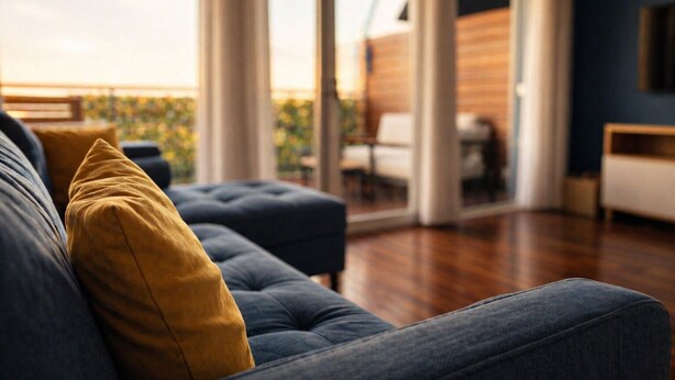 Een moderne woonkamer met een blauwe bank, een mosterdgeel kussen en uitzicht door grote glazen deuren op een buitenruimte.