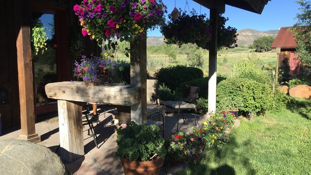 A covered outdoor seating area with a wooden bench and potted plants. - Spacious cabin and studio in beautiful Mancos with AC and heat (Mancos)