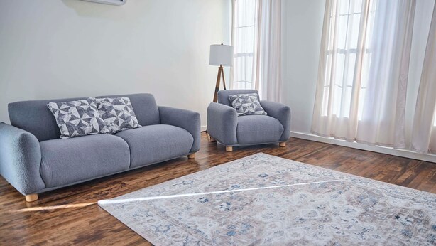 Un salon avec un canapé et un fauteuil gris, un tapis à motifs et une lampe sur pied.