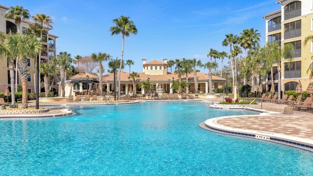 A large swimming pool surrounded by palm trees and lounge chairs, with a building in the background. - 6105 (Orlando)