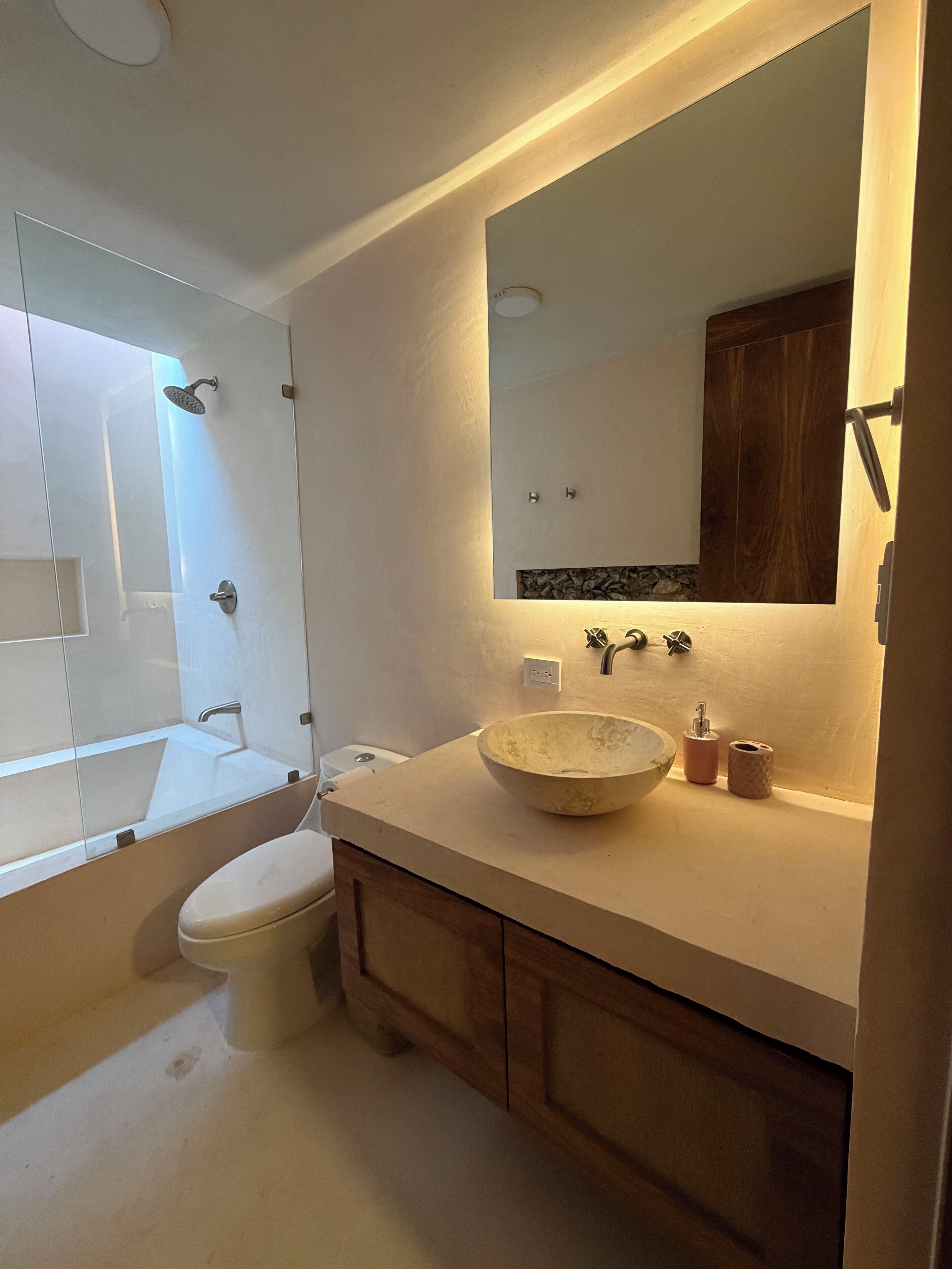 Hair dryer, towels, soap, toilet paper