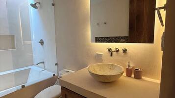 Hair dryer, towels, soap, toilet paper