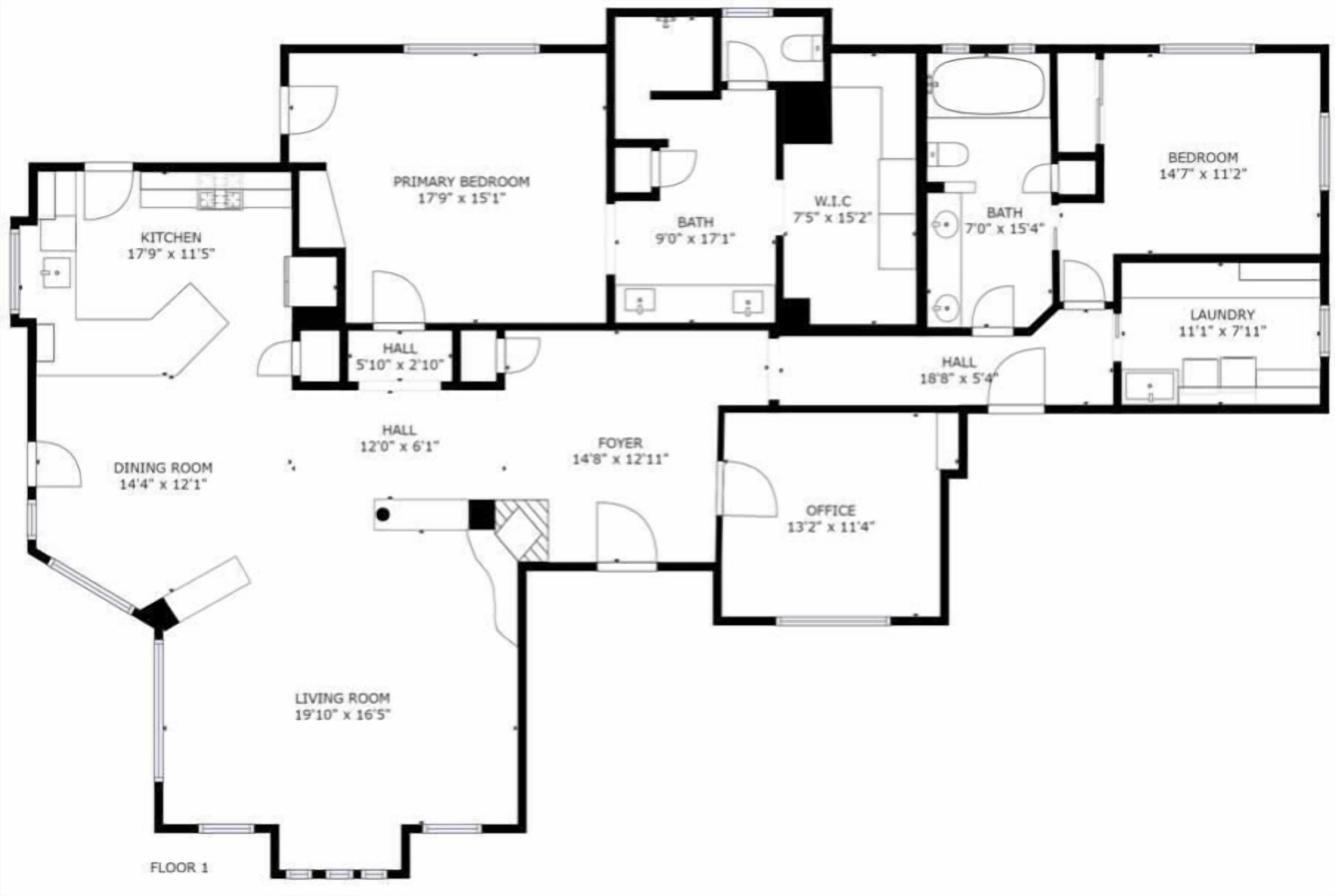 Un plan d’étage d’une maison comprenant une chambre principale, deux salles de bain, une cuisine, une salle à manger, un salon, deux couloirs et un bureau.