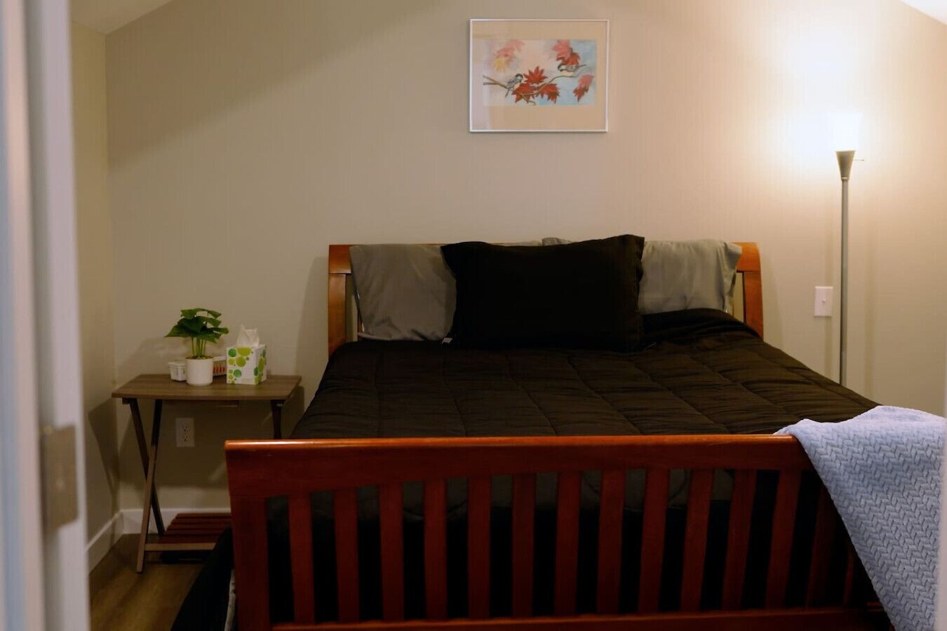 A small, cozy bedroom with a single bed, a bedside table with a lamp, and a framed picture on the wall.