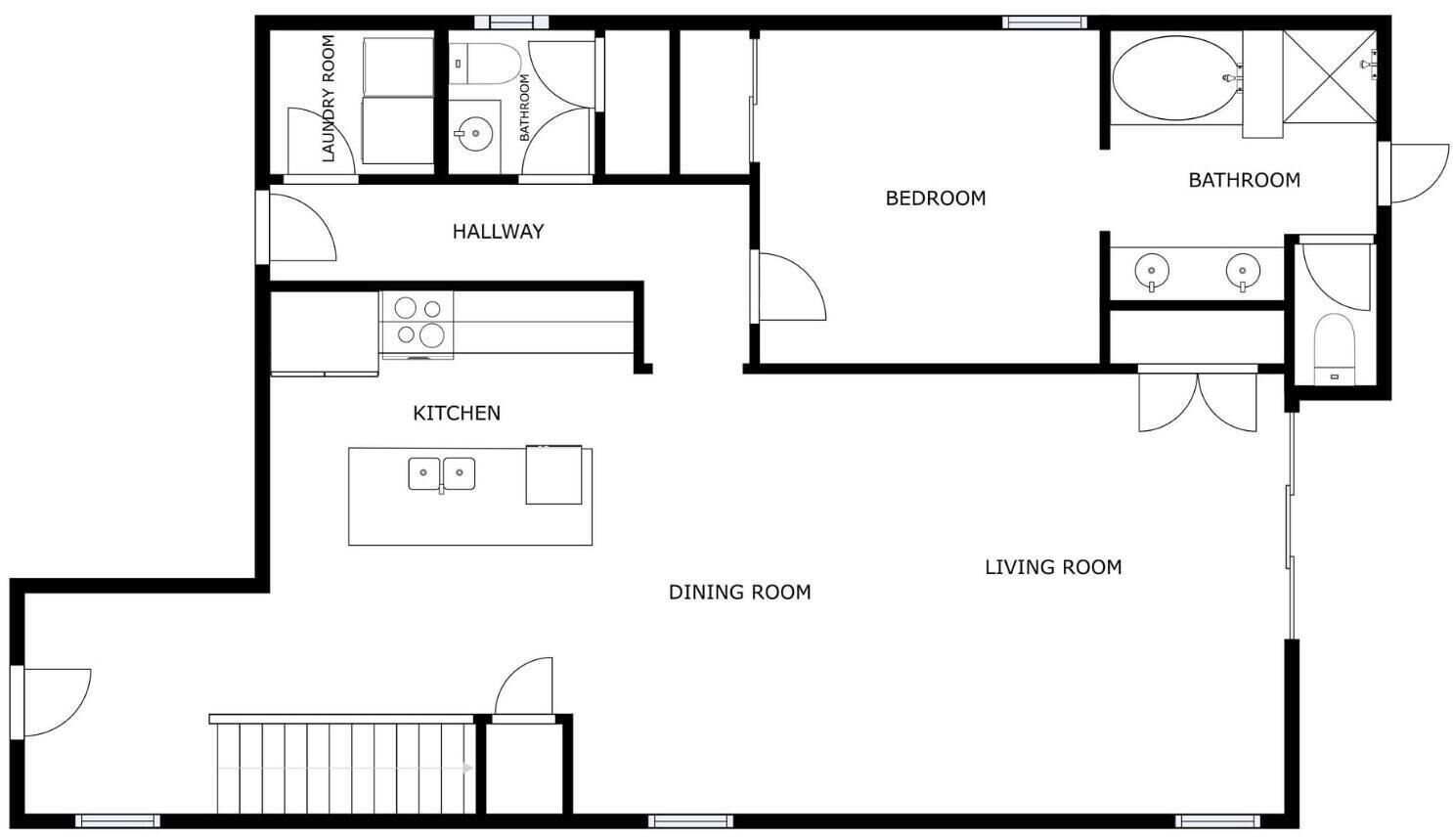 Plano de planta que muestra una cocina, comedor, sala de estar, dos dormitorios, un baño y un pasillo.