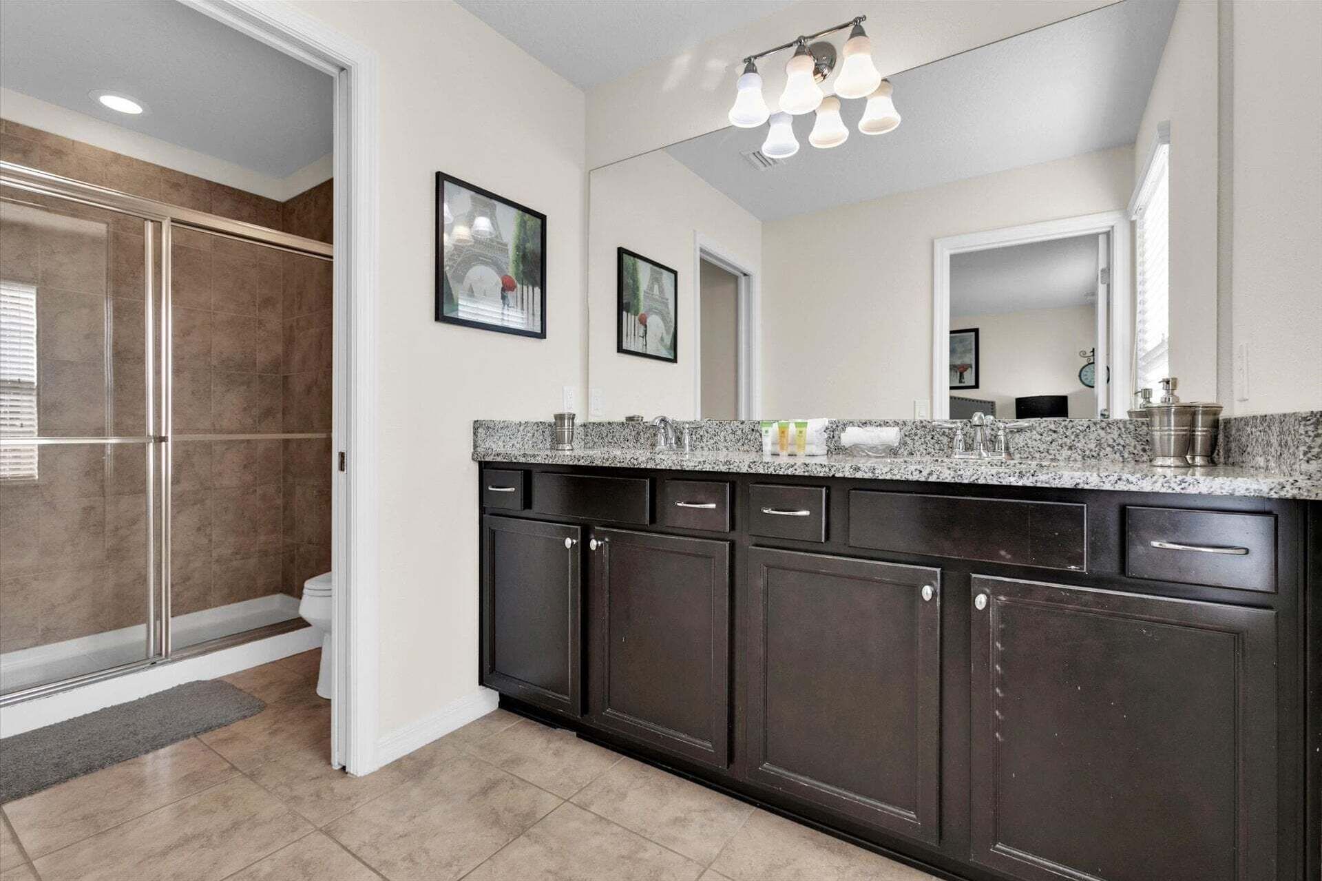 A modern bathroom with a granite countertop, dark cabinetry, and a large mirror.