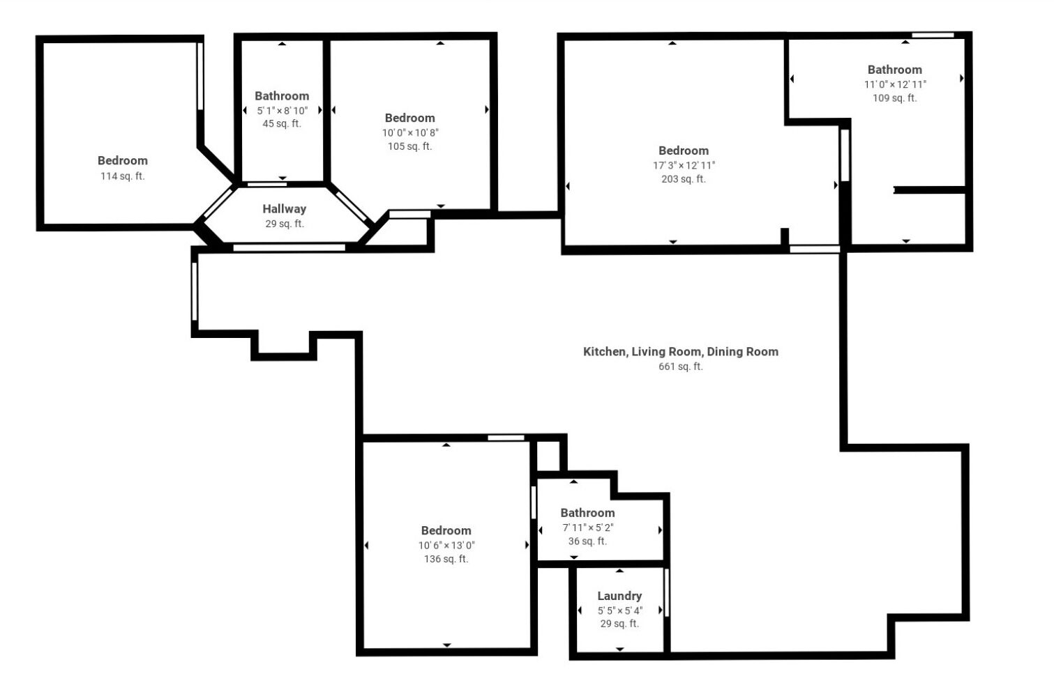 A floor plan with multiple bedrooms, bathrooms, a kitchen, living room, dining room, and a laundry area.