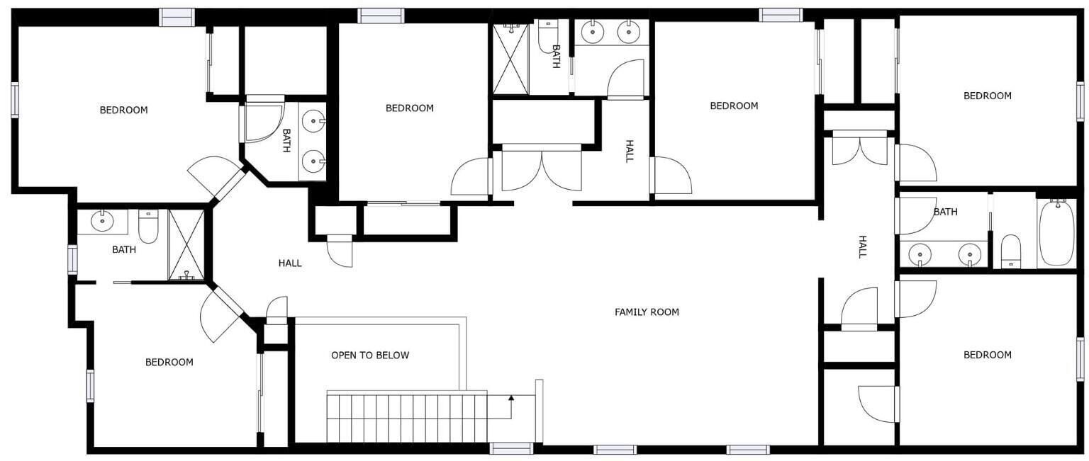 Ein Grundriss mit mehreren Schlafzimmern, Badezimmern, einem Familienzimmer und einem Flur.
