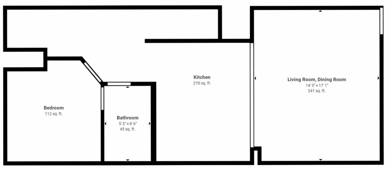 A floor plan with a bedroom (112 sq. ft.), bathroom (45 sq. ft.), kitchen (270 sq. ft.), and living/dining room (241 sq. ft.).