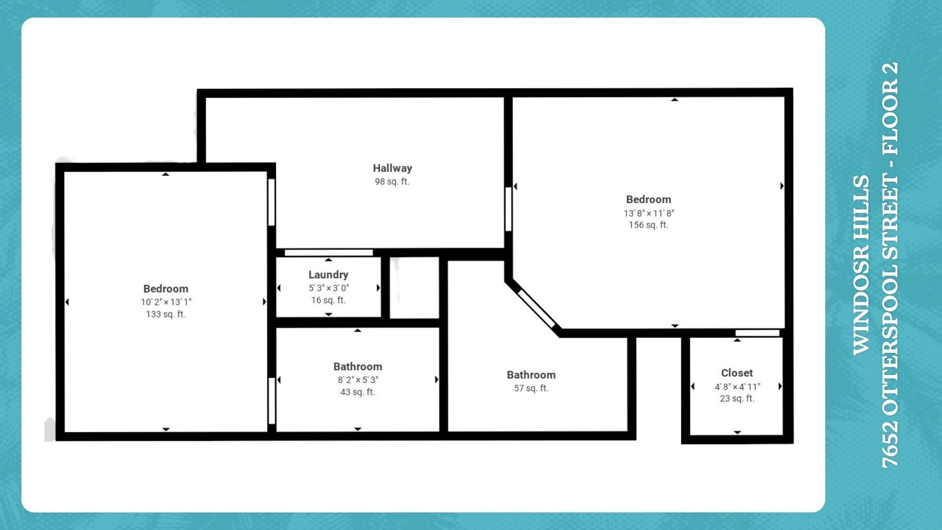 Grundplan for et hotelværelse på 7652 Otterspool Street, Windor Hills, der viser et soveværelse, to badeværelser, en gang, et vaskerum og et skab.