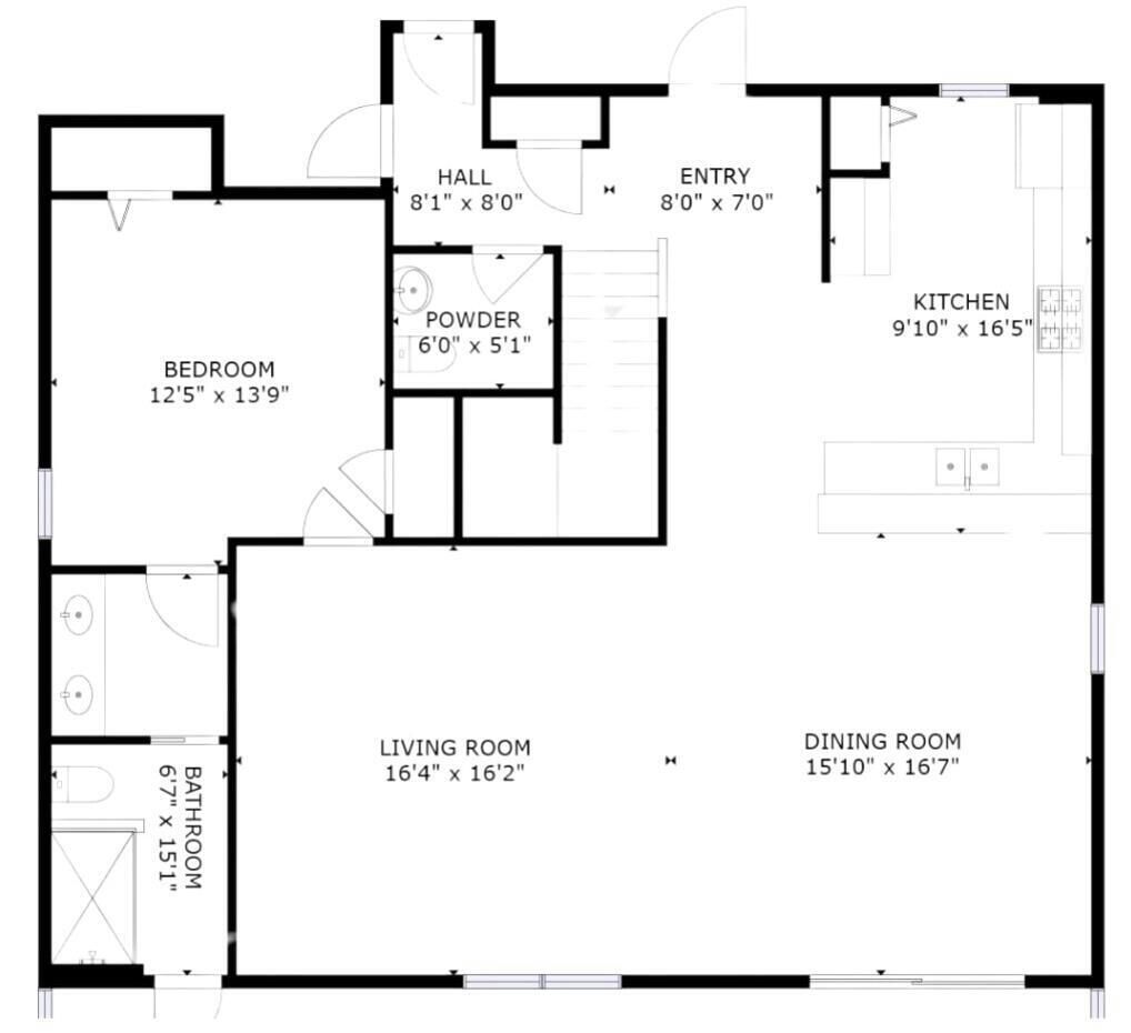 A floor plan with a bedroom, living room, dining room, kitchen, bathroom, powder room, entry, and hall.