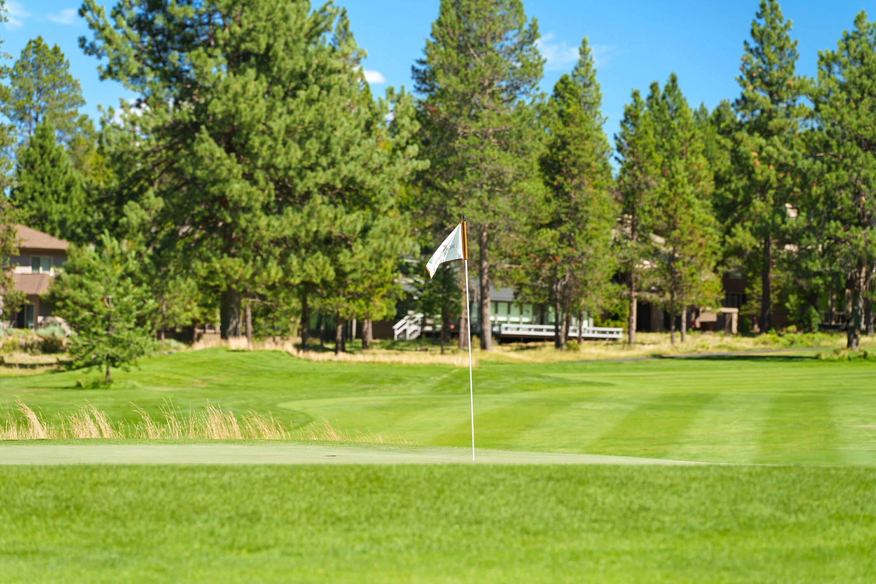 A golf course with a flag on the green, surrounded by trees and a building in the background.