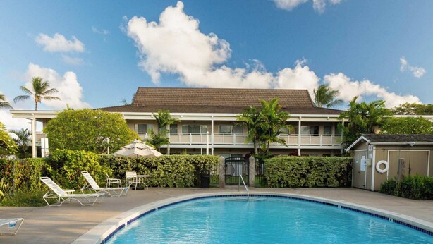 Un hotel con piscina, lettini e palme.
