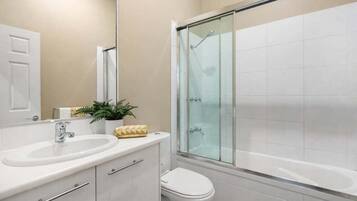 Hair dryer, towels, soap, shampoo