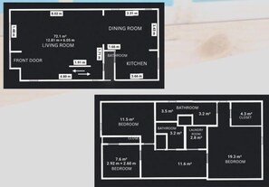 Two floor plans of a hotel room with a living room, dining room, kitchen, two bedrooms, two bathrooms, and a closet. - asnfanfaknfckane (St. Louis)