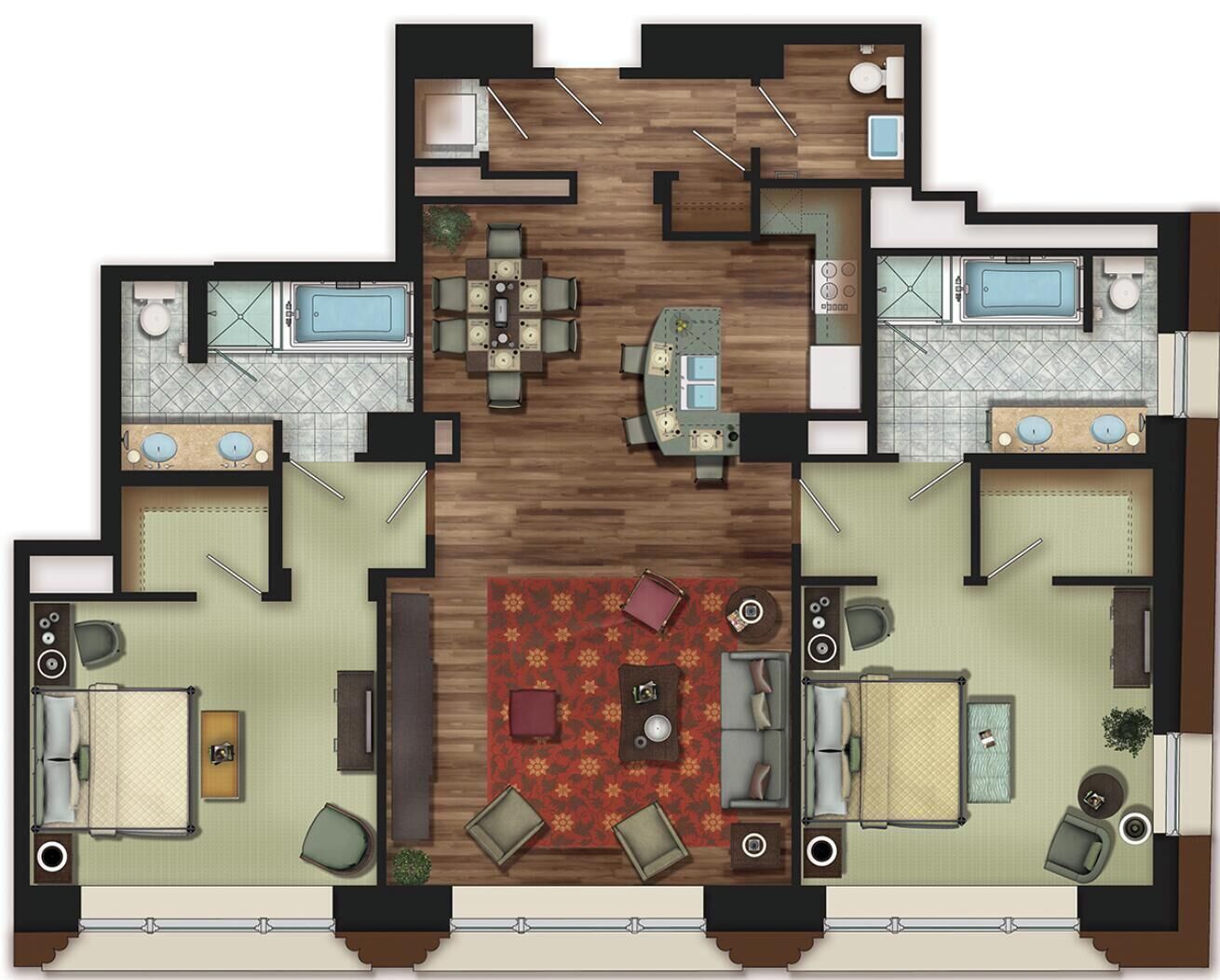 Een plattegrond van een hotel met twee slaapkamers, twee badkamers, een eetruimte en een woonkamer.