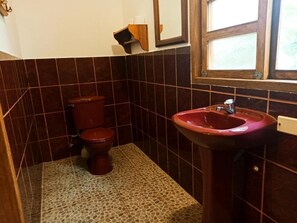 Quarto triplo conforto, vista para o rio | Banheiro | Chuveiro, toalhas de banho, sabonete, shampoo